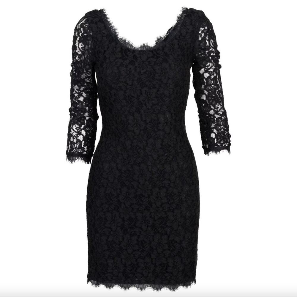 Diane Von Furstenburg Black Crochet Lace Scalloped Scoop Neck Dress